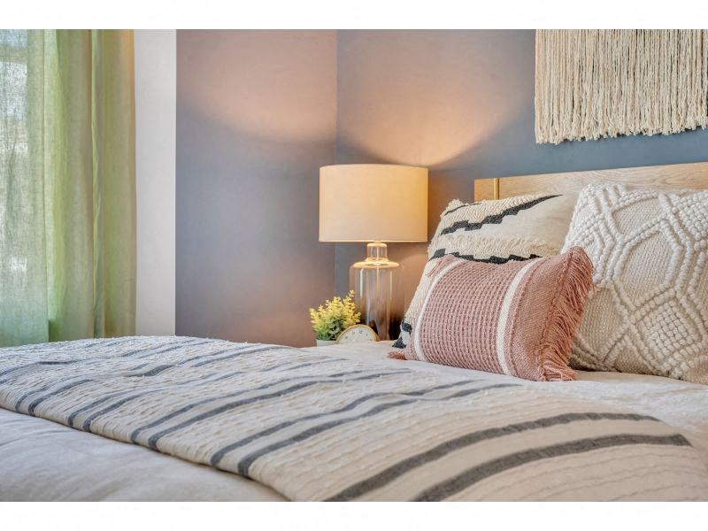 a bedroom with a bed and a lamp