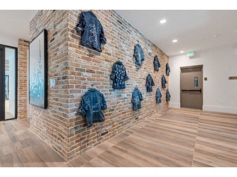 the room has a brick wall with jackets on it