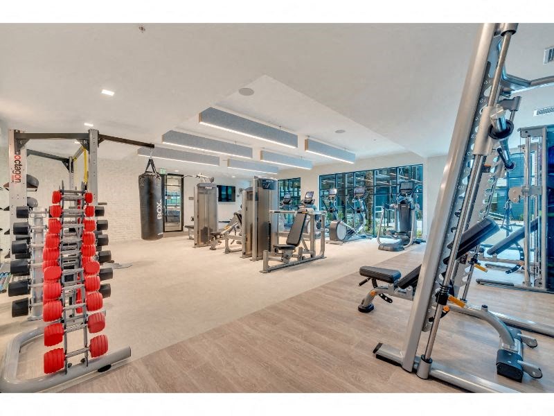 a gym with cardio equipment and weights on the floor
