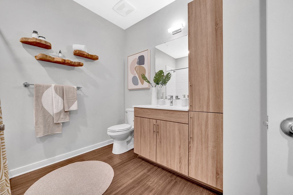 a bathroom with wooden cabinets and a toilet and a sink