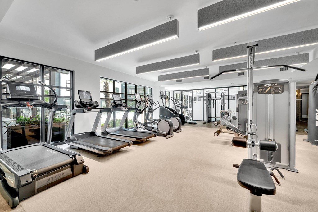 a gym with cardio equipment and windows in a building
