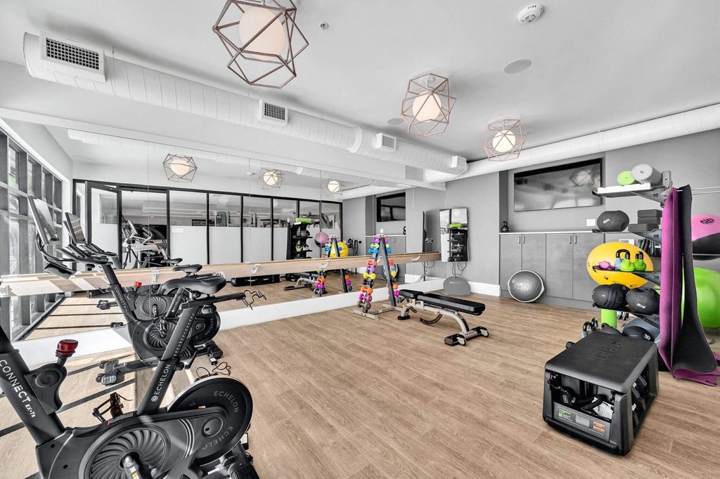 a gym with a lot of exercise equipment and mirrors