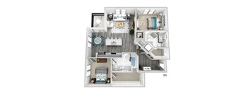 a cutaway view of a living room and a dining room with a ceiling fan