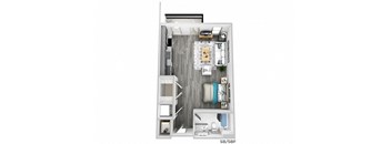 a stylized floor plan with a bedroom and a living room