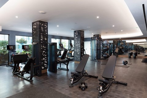 a gym with a large amount of chairs and exercise equipment