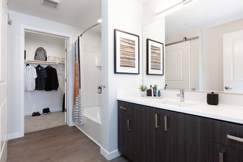a bathroom with a sink and a shower and a closet