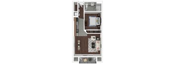 a 1 bedroom floor plan with a bathroom and a kitchen