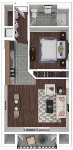 a 1 bedroom floor plan with a bathroom and a kitchen