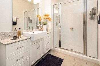 a bathroom with a sink and a shower