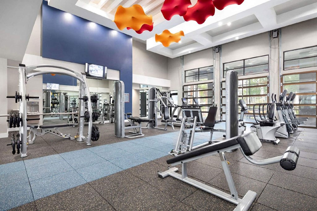 a gym with weights and cardio equipment at aria on the avenue apartments