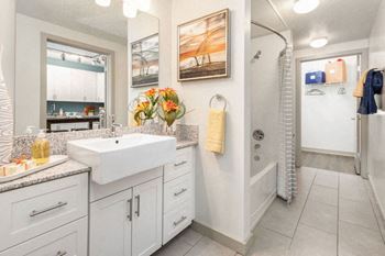 a bathroom with a sink and a shower
