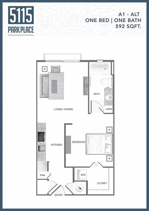the floor plan of one bed one bath apartment