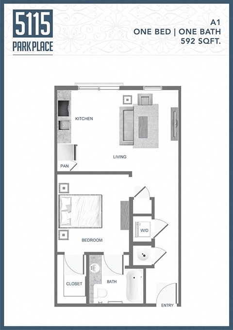 a one bed one bath floor plan  one bedroom one bath