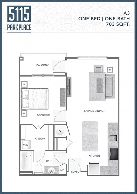 floor plan of a one bed one bath apartment