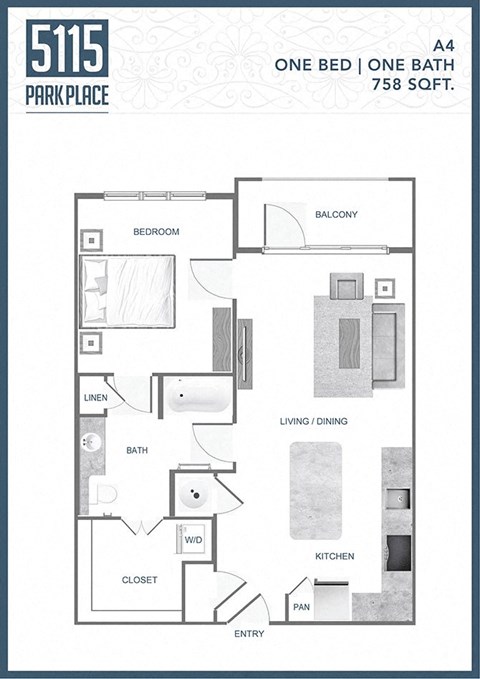 floor plan of a one bed one bath apartment