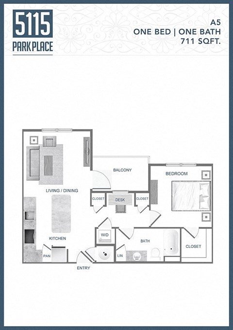 a floor plan of a one bedroom one bath apartment with a bathroom and a closet