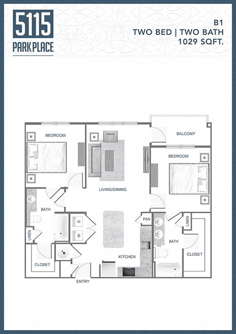 a floor plan of two bedrooms and two baths