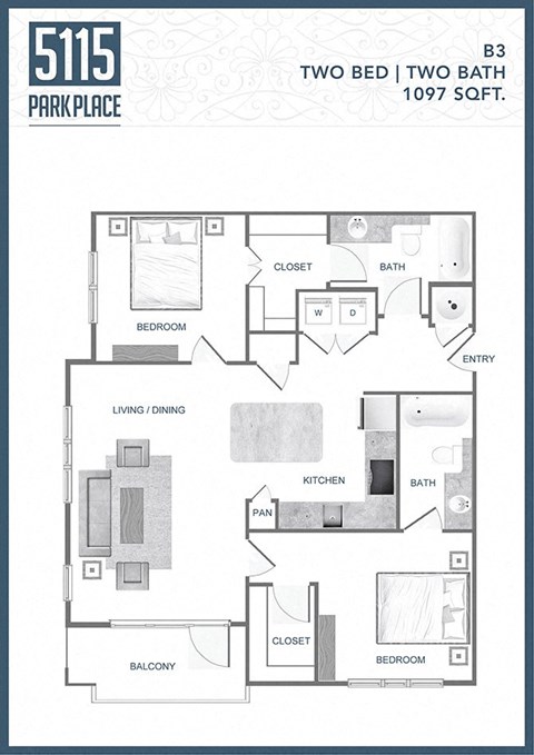 the floor plan of two bed two bath