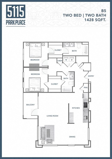 the floor plan of two bed two bath