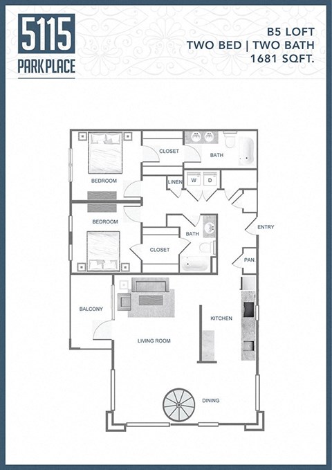 a floor plan of two bedrooms and two baths and a bonus room