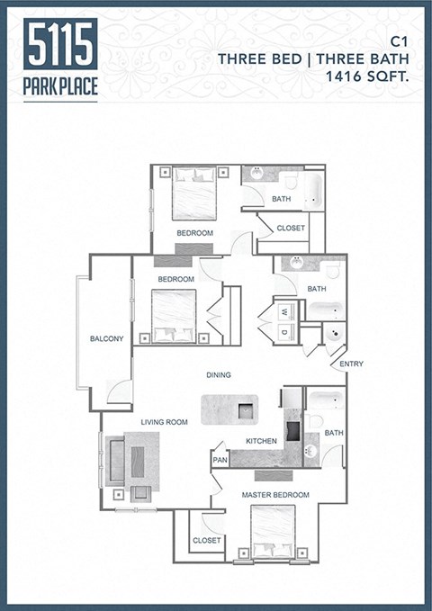 the floor plan of three bed three bath 143 sq ft