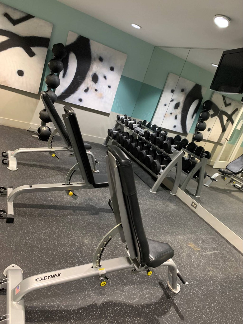 a row of weights machines in a gym