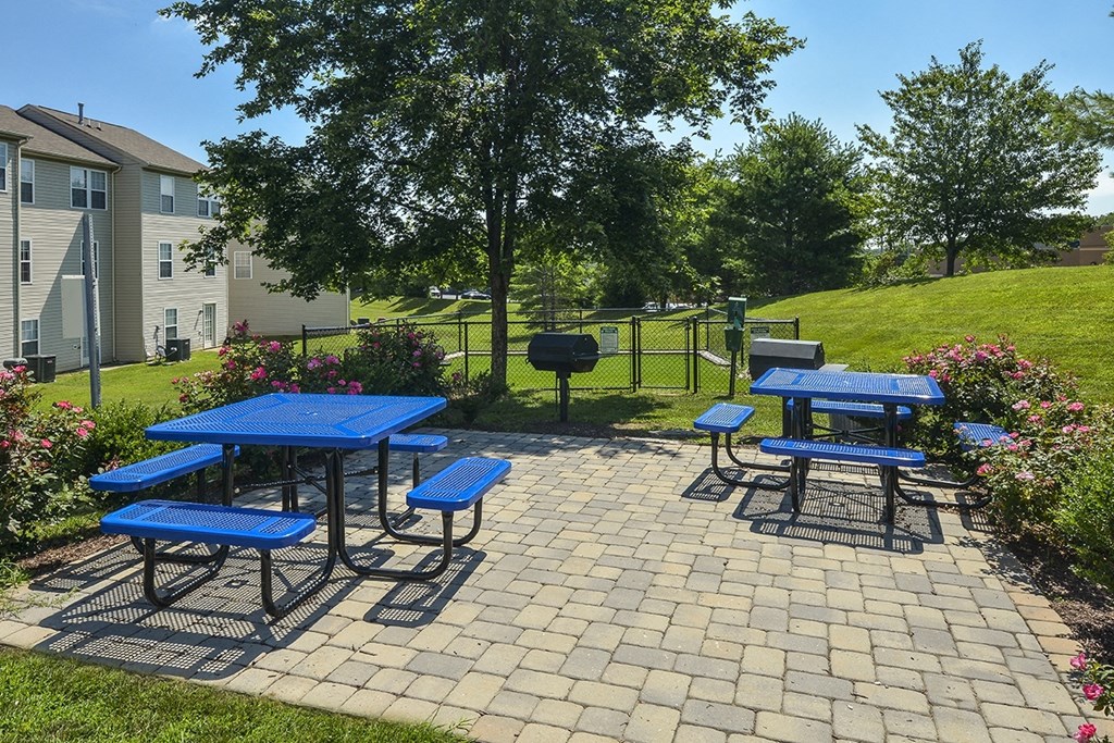 a picnic area with benches and tables on a brick patio