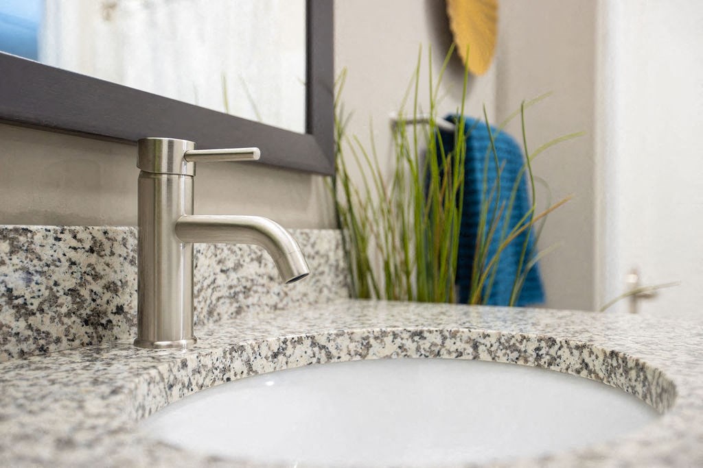 a bathroom sink with a faucet and a mirror