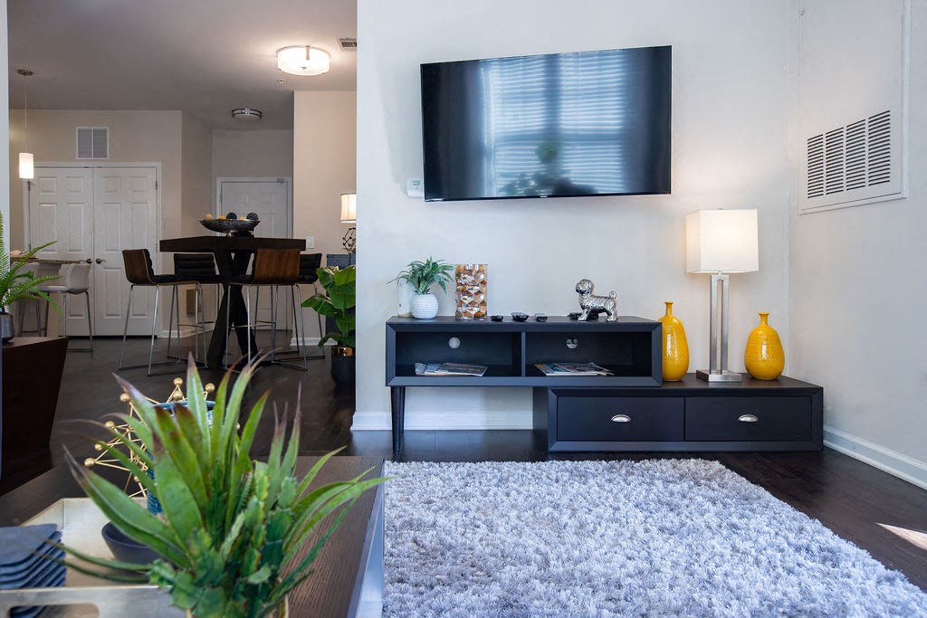 a living room with a tv on the wall and a rug