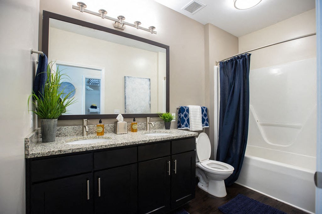 a bathroom with a large mirror and a toilet