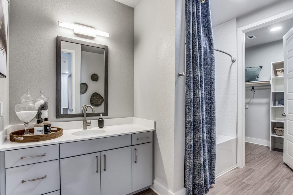 a bathroom with a shower and a sink and a mirror