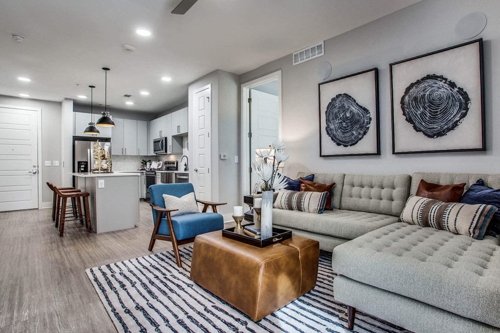 a living room with a couch and a table