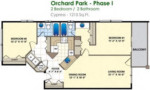 the floor plan of 2 bedroom unit with balcony and closet