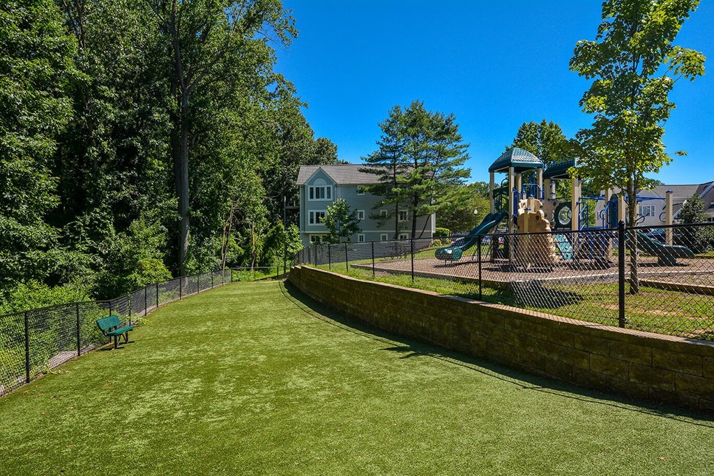 a yard with a playground and a swing set