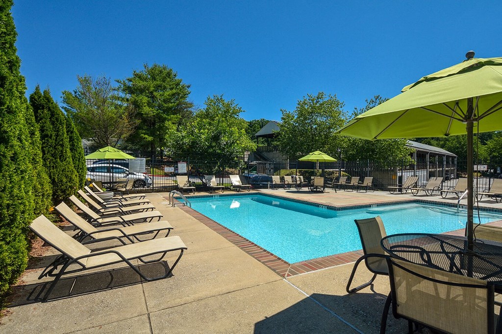 a pool with chairs and umbrellas next to a swimming pool