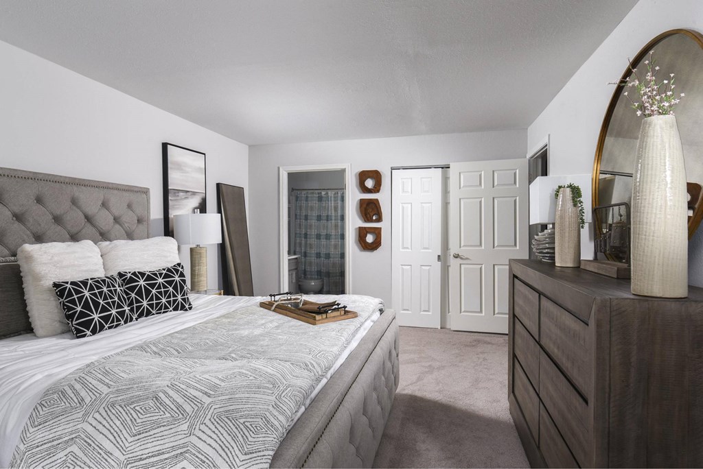 a bedroom with a bed and a dresser and a closet