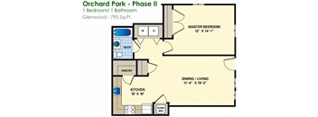 floor plan of a 1 bedroom unit with a bathroom and a closet