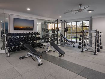 a home gym with weights and a television
