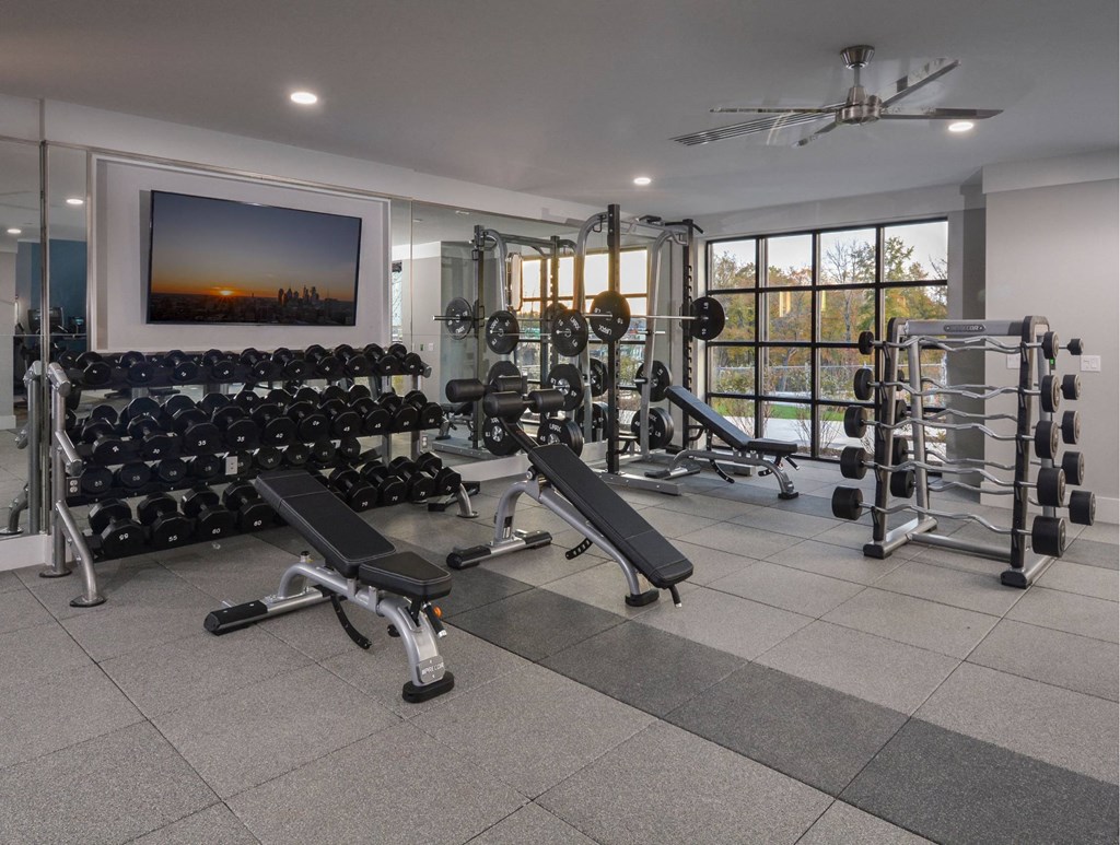 a workout room with weights and a tv on the wall