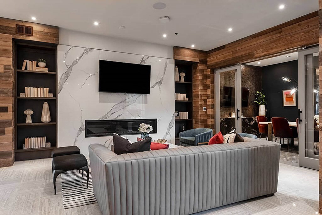 a living room with a couch and a television