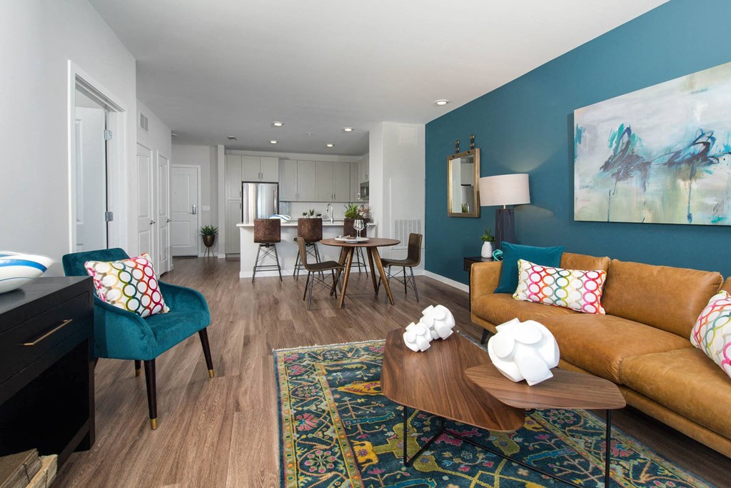 a living room with a couch and a table