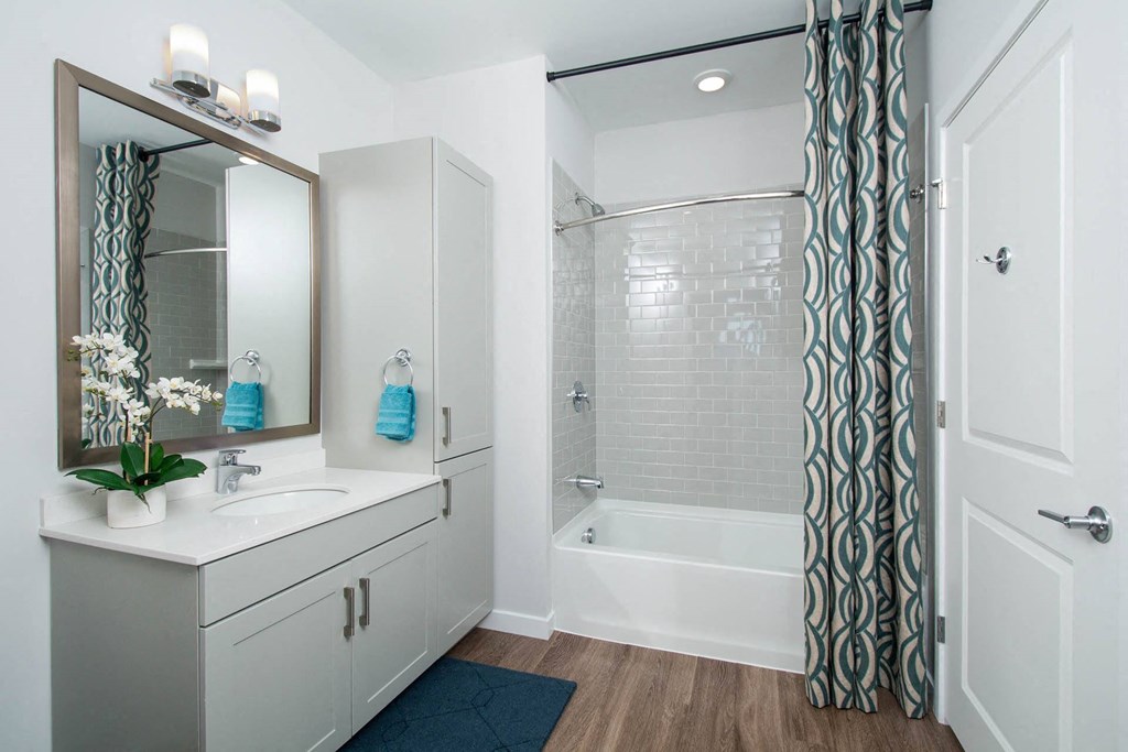 a bathroom with a shower and a sink and a mirror