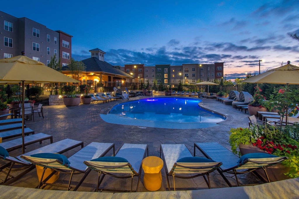 a swimming pool at night