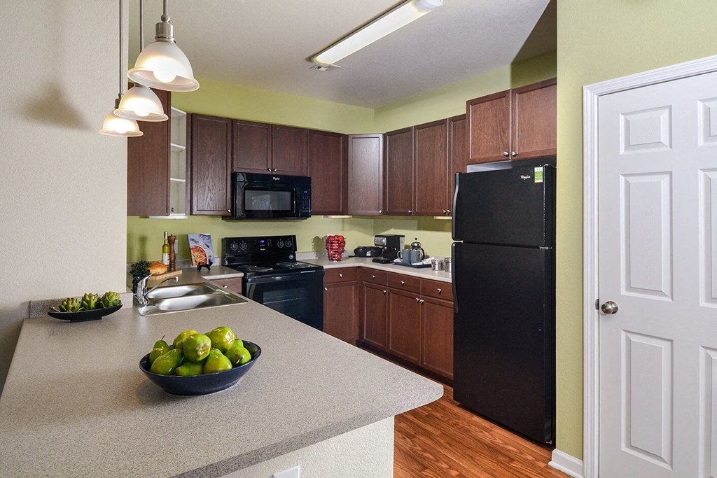 a kitchen with a counter top and a black refrigerator