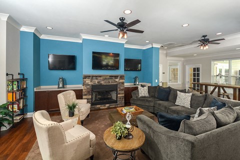 a living room with couches and chairs and a fireplace