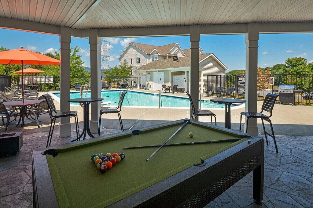 a pool table with a view of a swimming pool