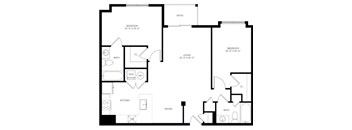 the schematic floor plan of the unit with a bedroom and living room
