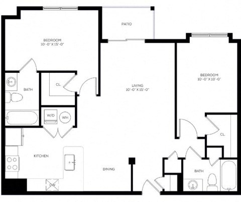 the schematic floor plan of the unit with a bedroom and living room
