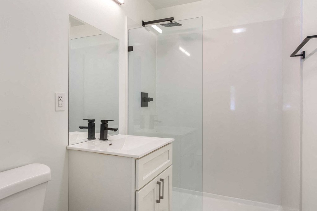 a bathroom with a sink and a shower