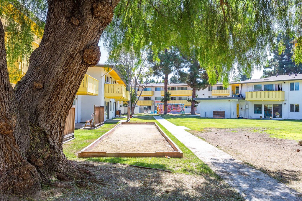 a sidewalk under a tree in front of some houses
